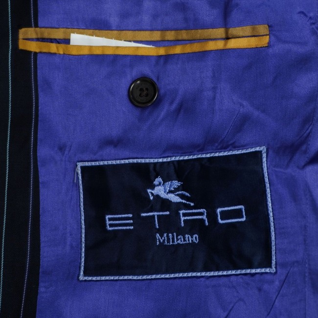 Giacca Sartoriale Etro Milano - 100% Lana Gessata Blu Navy - Fodera in Seta - Taglia 50 IT