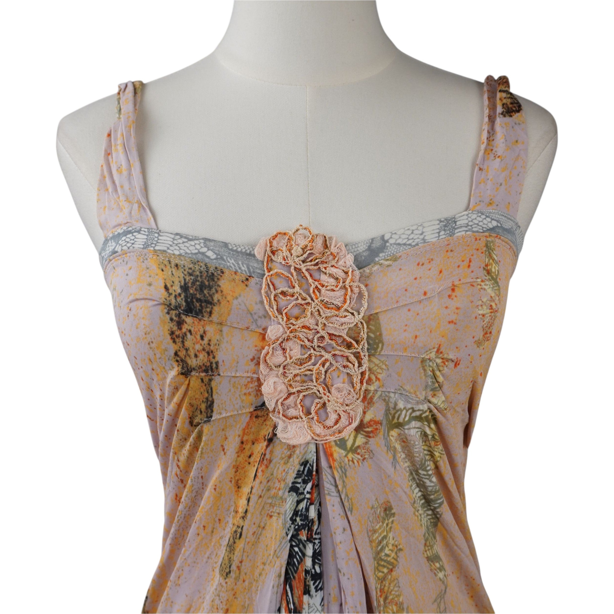 Abito Save The Queen! vintage con stampa astratta e pizzo grigio.