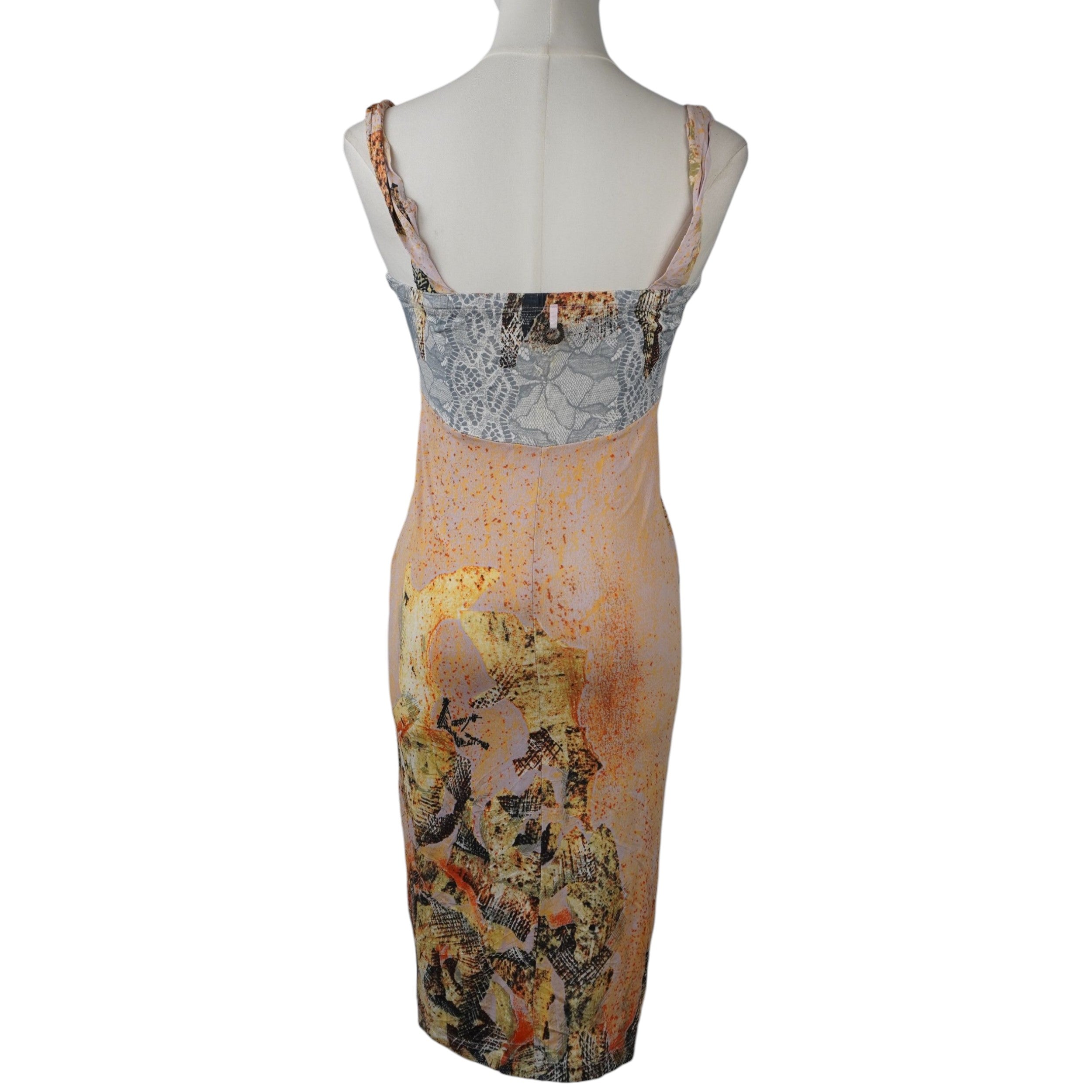 Abito Save The Queen! vintage con stampa astratta e pizzo grigio.