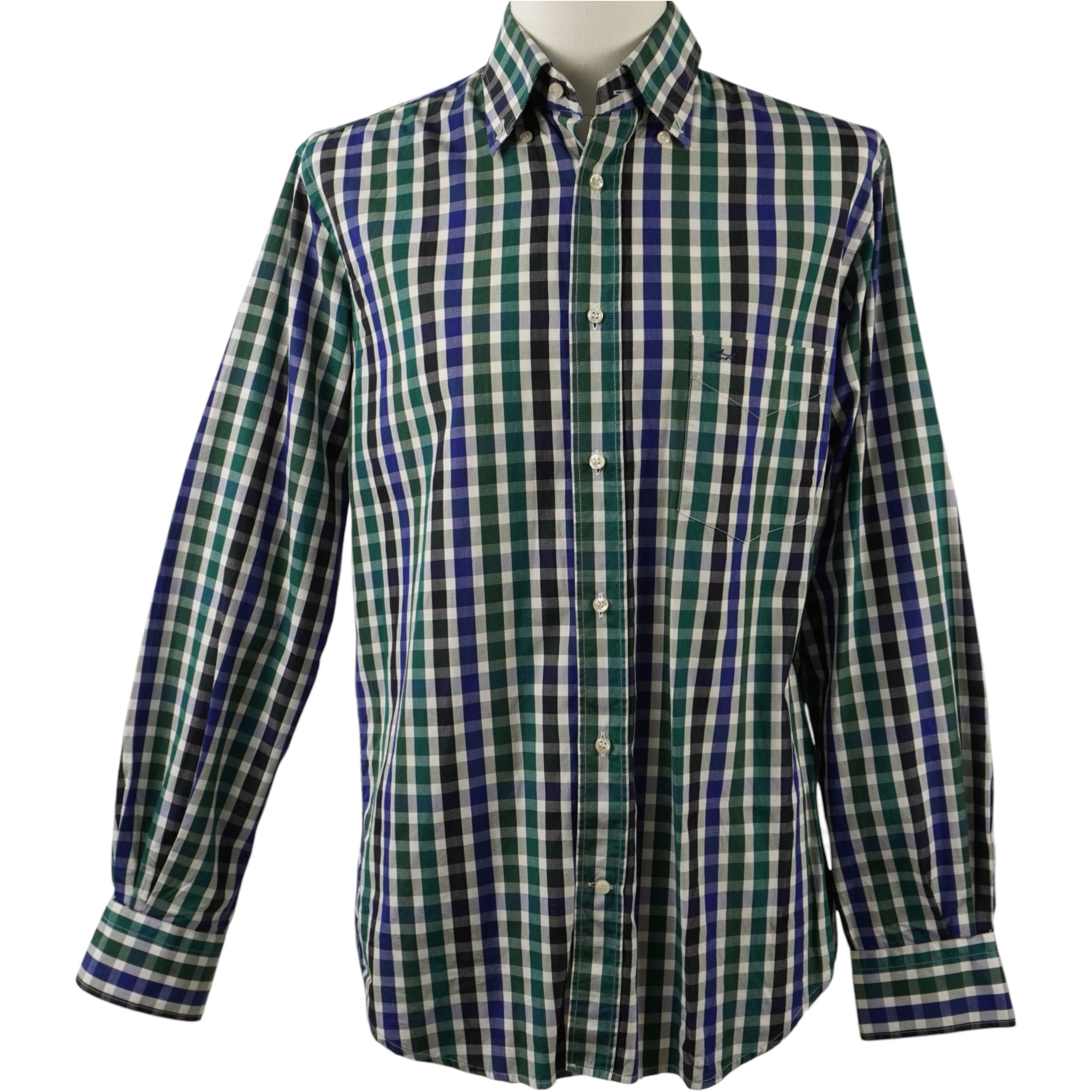 Camicia Paul & Shark Yachting a quadri verde e blu con maxi ricavo celebrativo "Royal Yacht Club Saint-Malo" sul retro. Modello vintage Made in Italy in 100% cotone premium, taglia 40 in condizioni eccellenti.