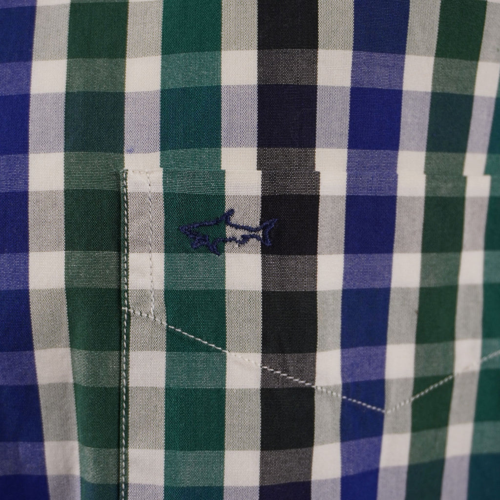 Camicia Paul & Shark Yachting a quadri verde e blu con maxi ricavo celebrativo "Royal Yacht Club Saint-Malo" sul retro. Modello vintage Made in Italy in 100% cotone premium, taglia 40 in condizioni eccellenti.