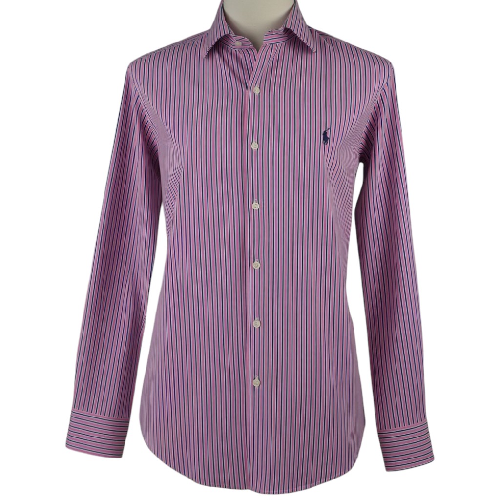 Camicia uomo Polo Ralph Lauren a righe verticali rosa, blu e bianche, modello Custom Fit, vista frontale su manichino.