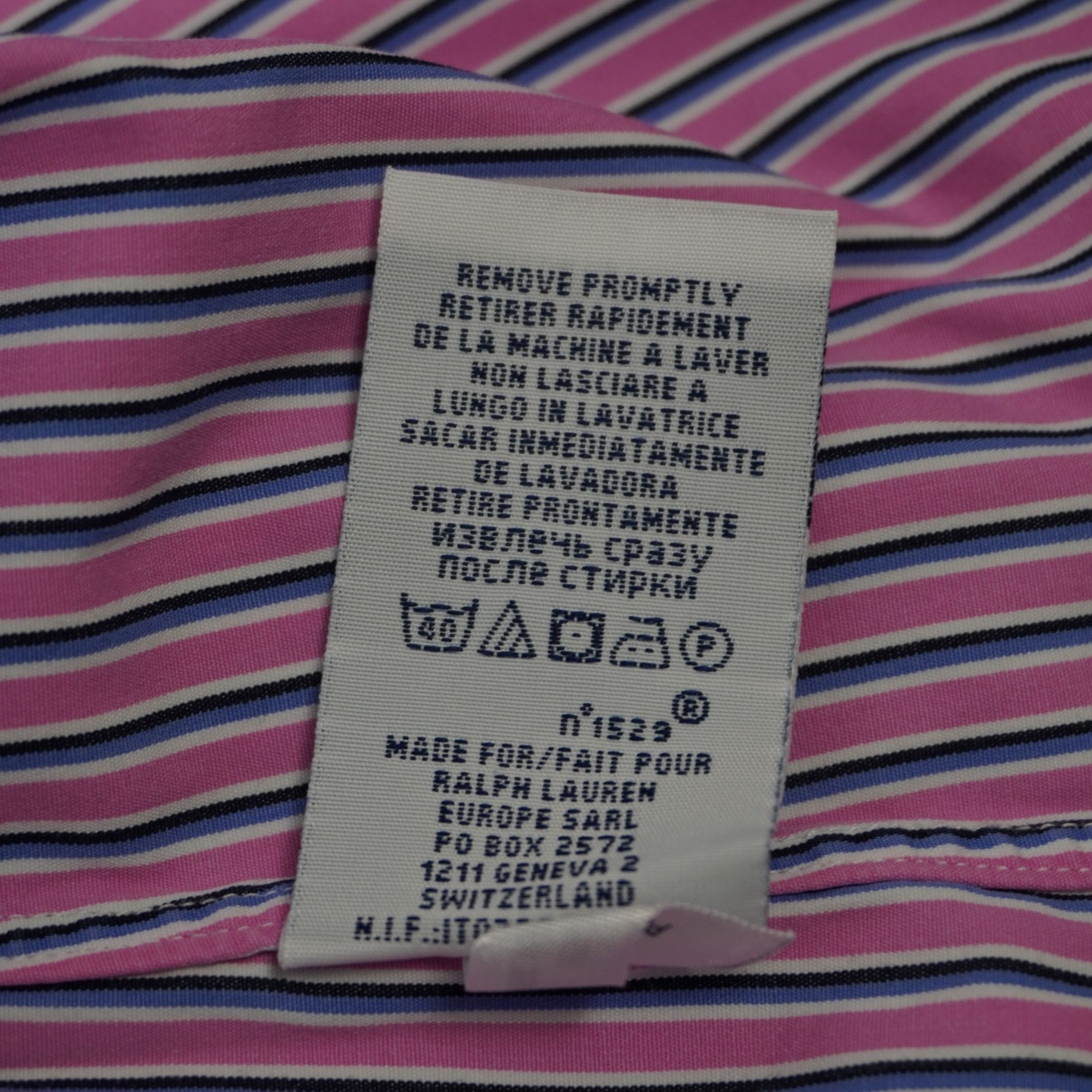 Camicia uomo Polo Ralph Lauren a righe verticali rosa, blu e bianche, modello Custom Fit, etichetta