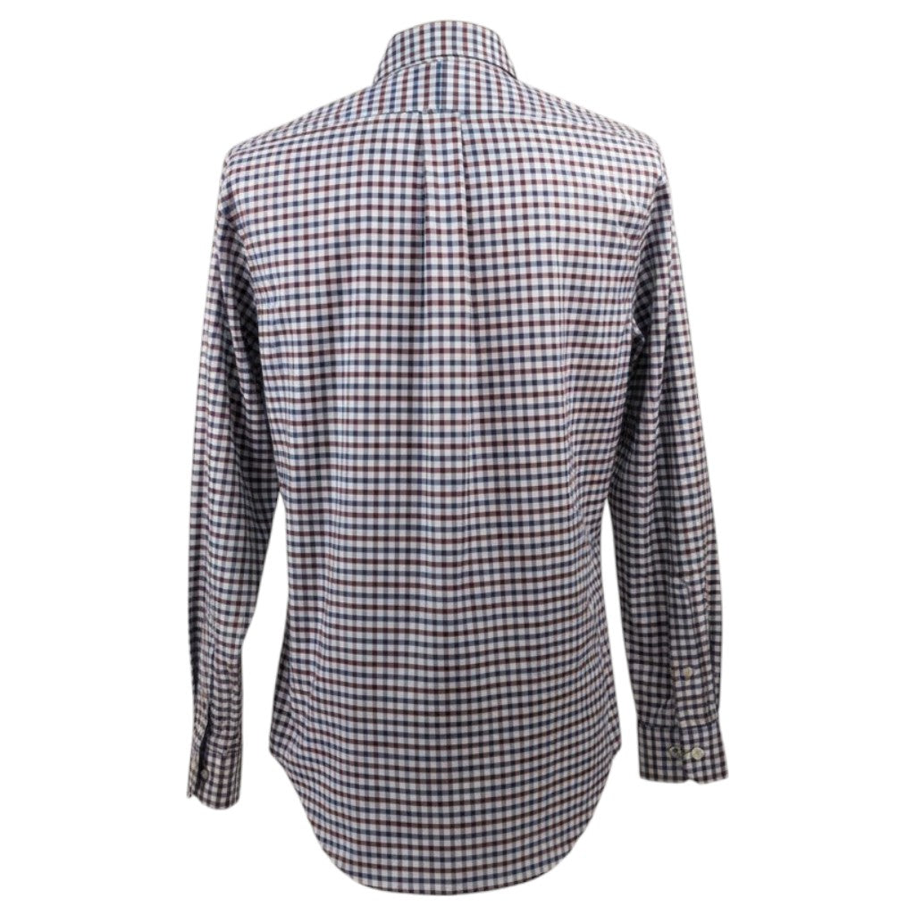 Camicia uomo Polo Ralph Lauren Slim Fit in cotone stretch a quadretti bordeaux e blu navy, taglia M, logo pony ricamato e condizioni eccellenti.