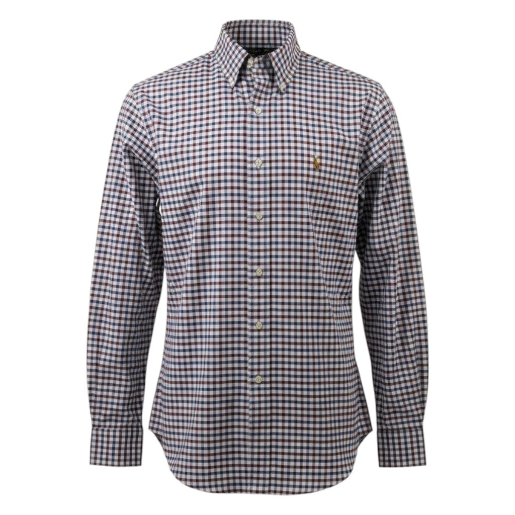 Camicia uomo Polo Ralph Lauren Slim Fit in cotone stretch a quadretti bordeaux e blu navy, taglia M, logo pony ricamato e condizioni eccellenti.