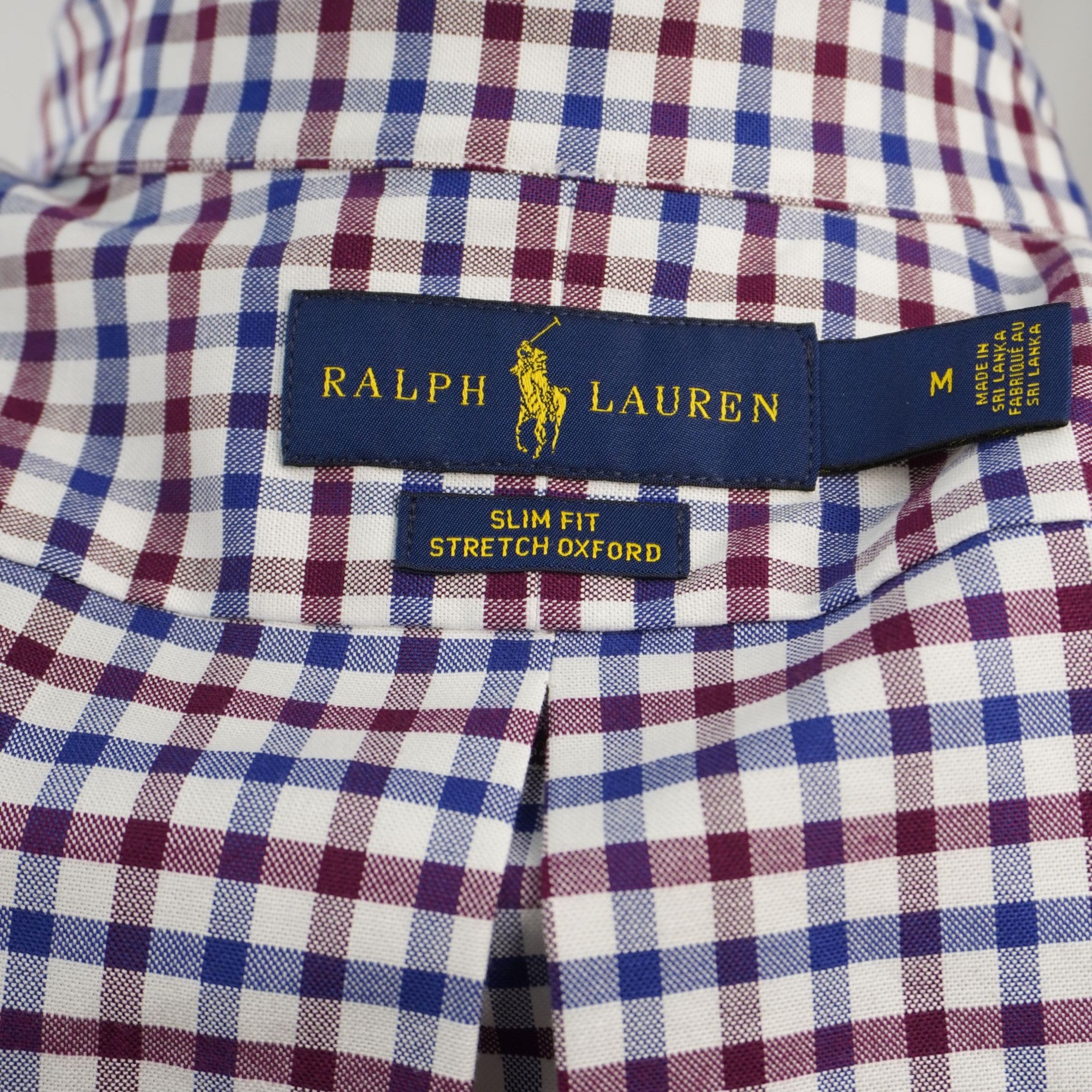 Camicia uomo Polo Ralph Lauren Slim Fit in cotone stretch a quadretti bordeaux e blu navy, taglia M, logo pony ricamato e condizioni eccellenti.