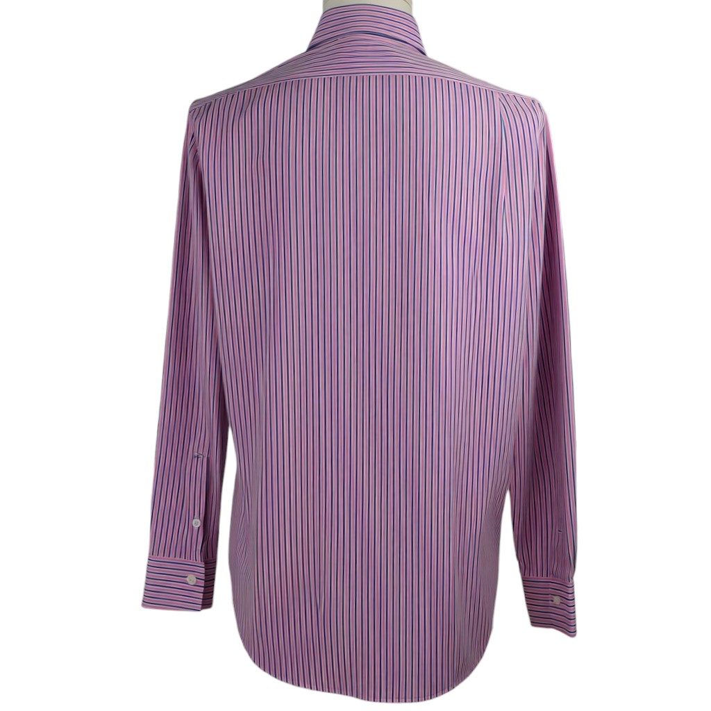 Camicia uomo Polo Ralph Lauren a righe verticali rosa, blu e bianche, modello Custom Fit, vista retro su manichino.
