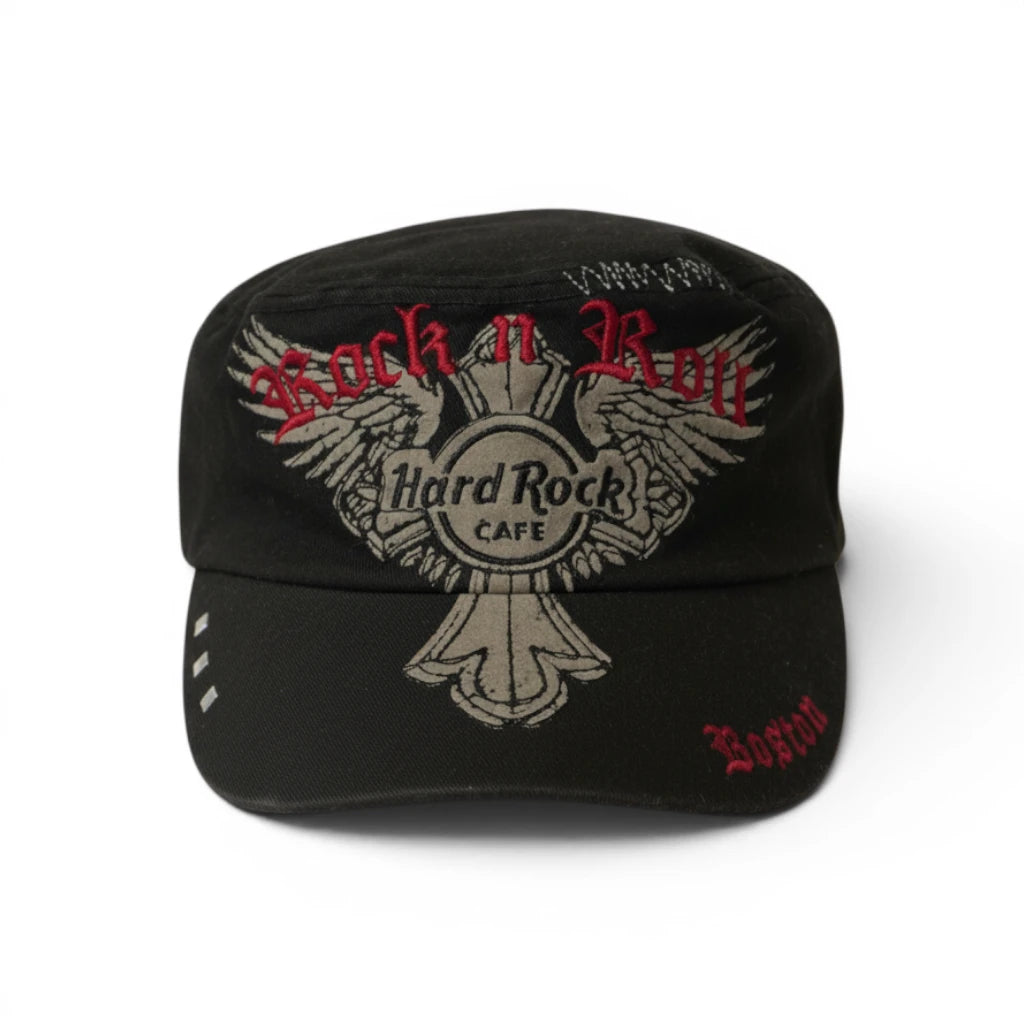 Cappellino nero militare cadet Hard Rock Cafe Boston con ricamo gotico Rock n Roll e croce alata