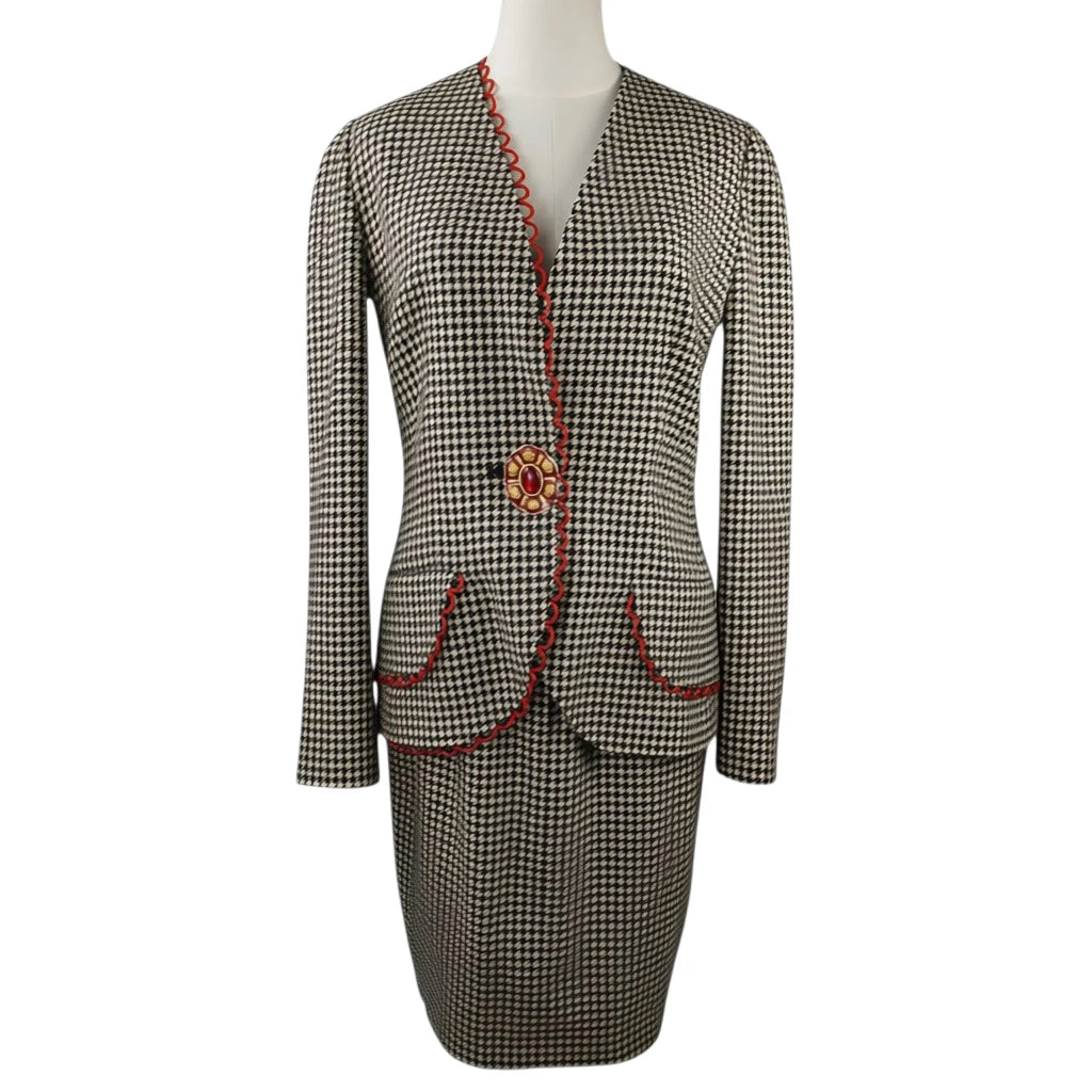 Tailleur Vintage Gai Mattiolo Couture in 100% Lana Pied-de-Poule con Bottone Gioiello – Taglia 44