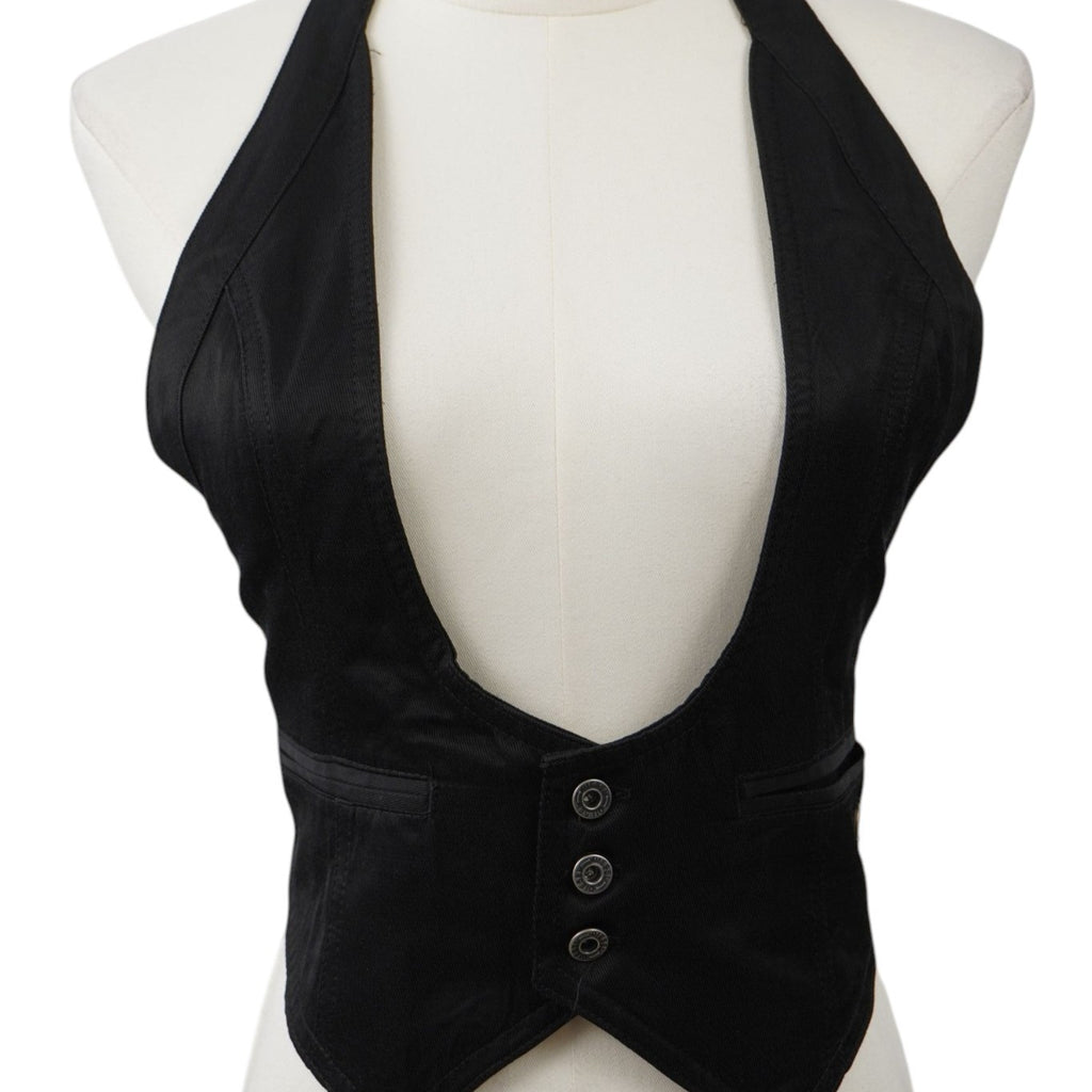 Gilet Diesel vintage nero da donna con scollo all'americana profondo, tre bottoni frontali e taglio sciancrato stile Indie Sleaze.