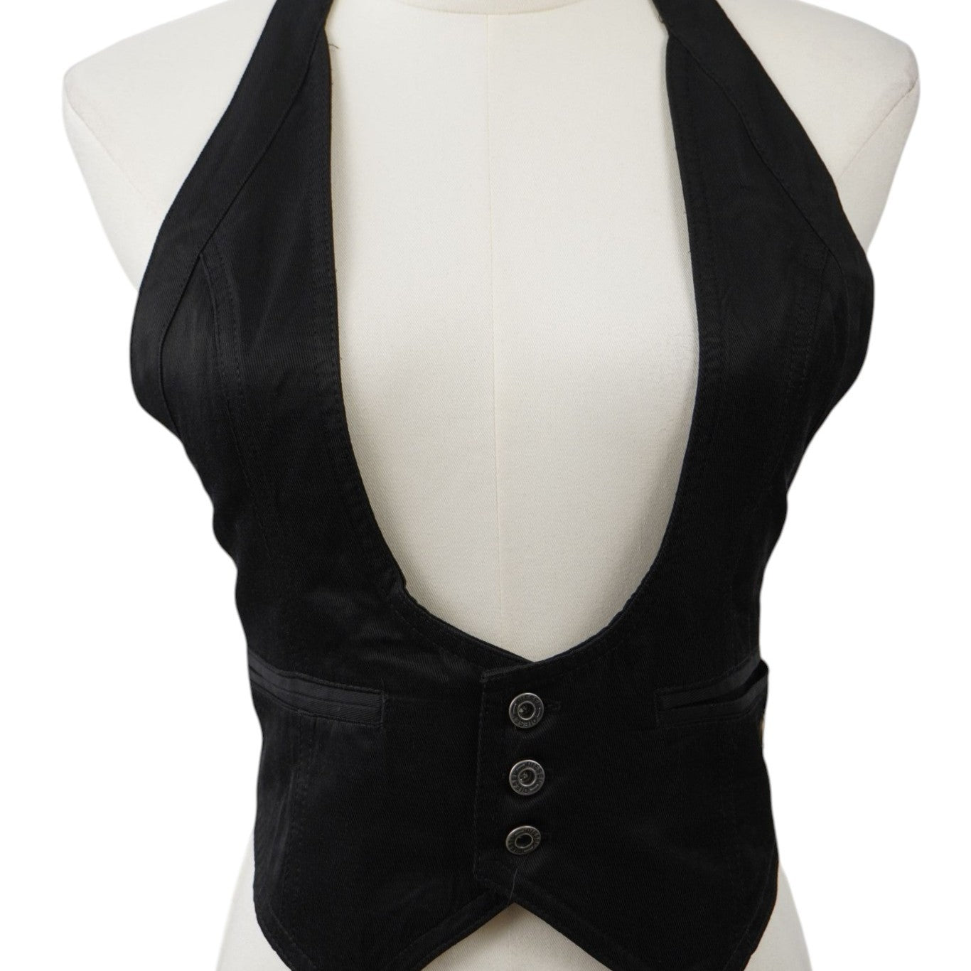 Gilet Diesel vintage nero da donna con scollo all'americana profondo, tre bottoni frontali e taglio sciancrato stile Indie Sleaze.