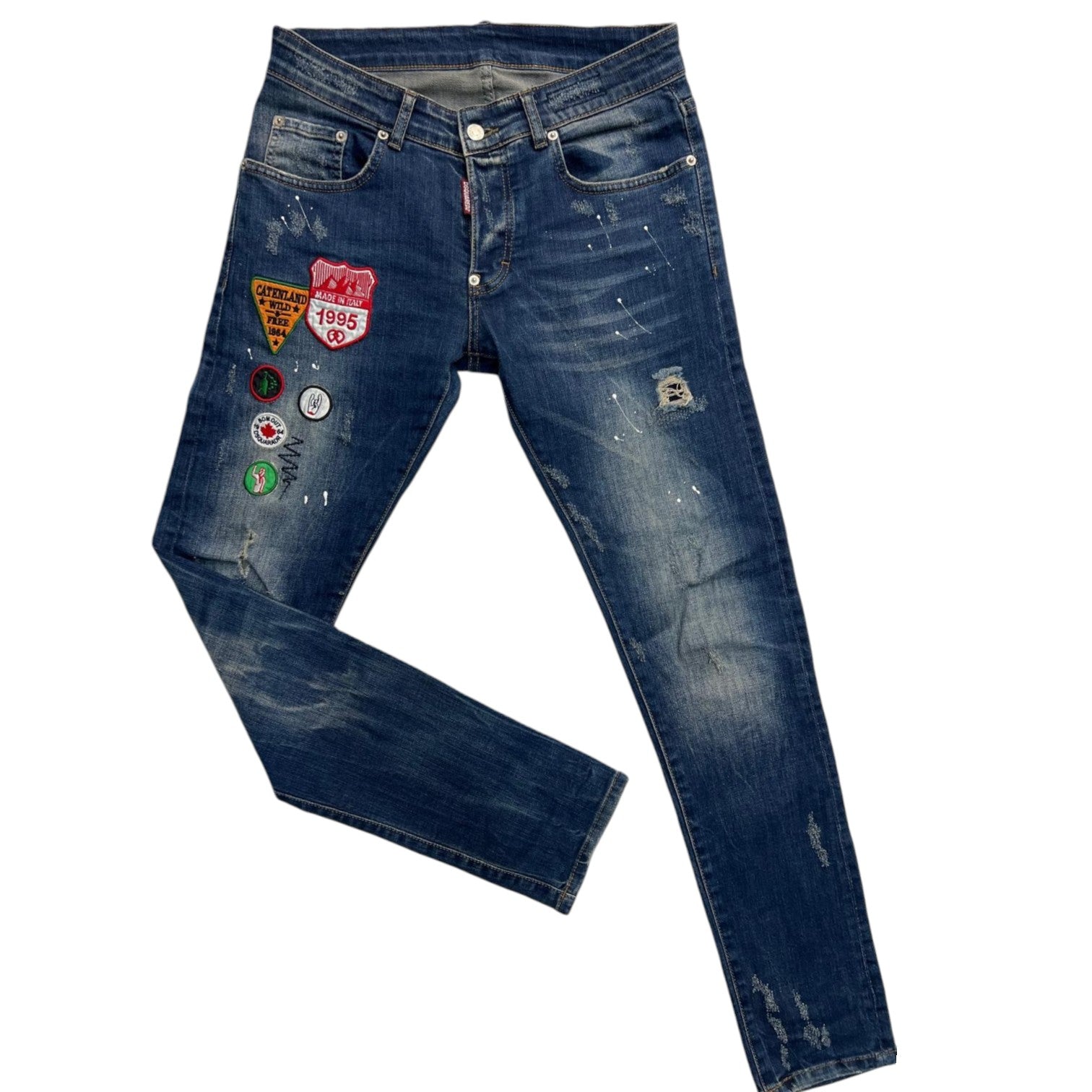 Jeans Dsquared2 "Iconic Patches & Paint Splatter" – Lavaggio Indigo Vintage – Taglia 40 IT (Slim Fit)