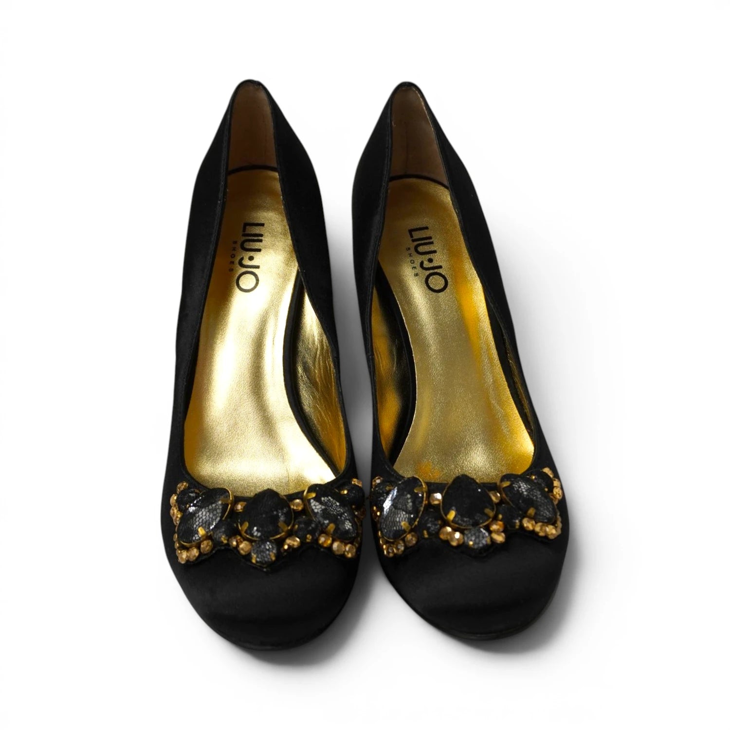 Coppia di scarpe decollete nere ed oro Liu Jo con applicazione gioiello sulla punta
