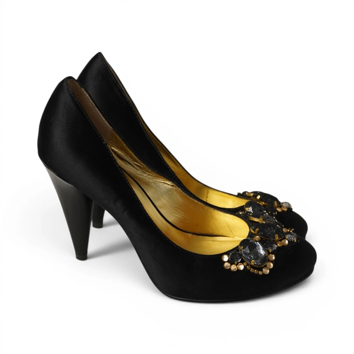 Scarpe decollete nere Liu Jo in raso di profilo con tacco alto e interno oro