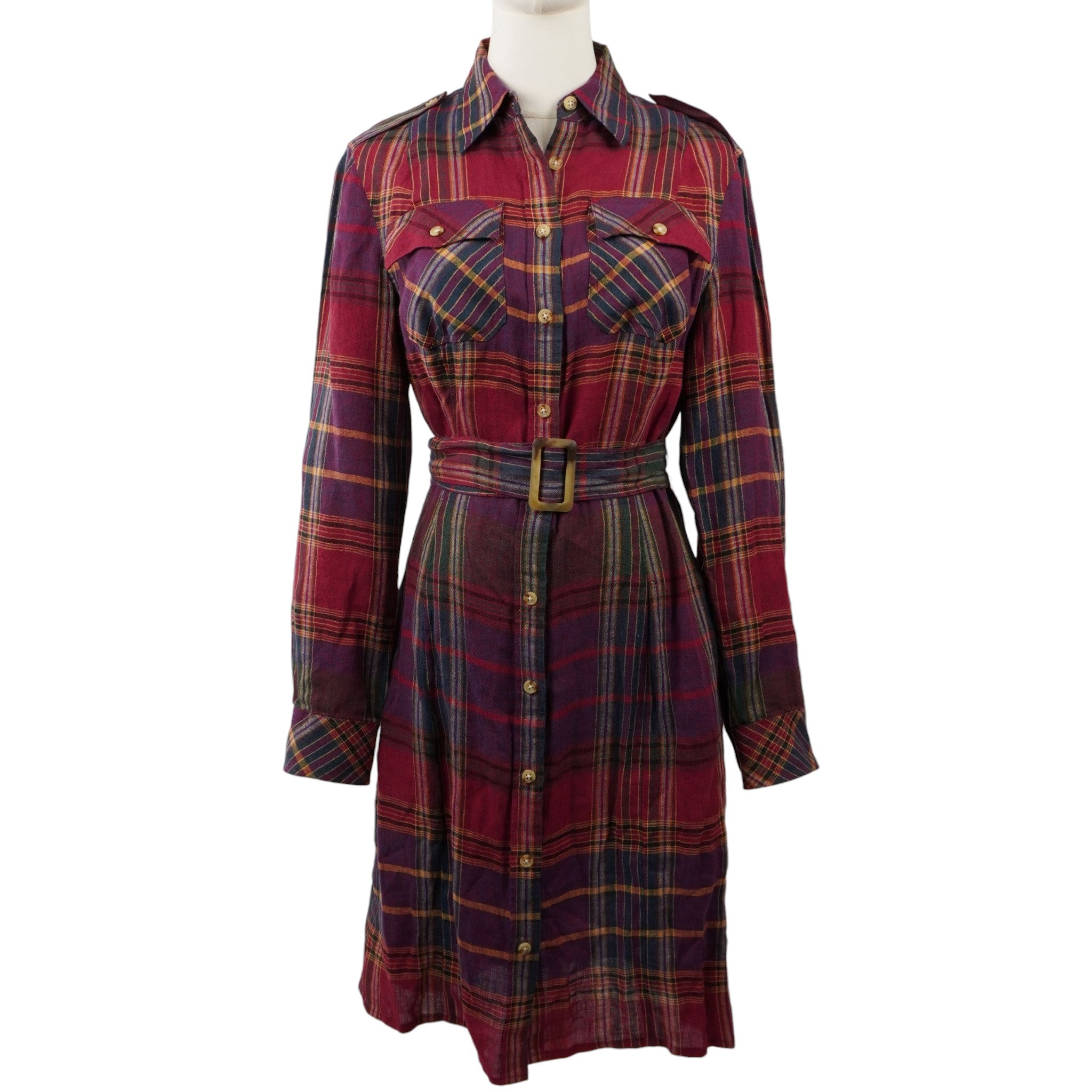 Abito chemisier Lauren Ralph Lauren da donna a quadri tartan bordeaux in 100% lino con cintura in vita, vista frontale.