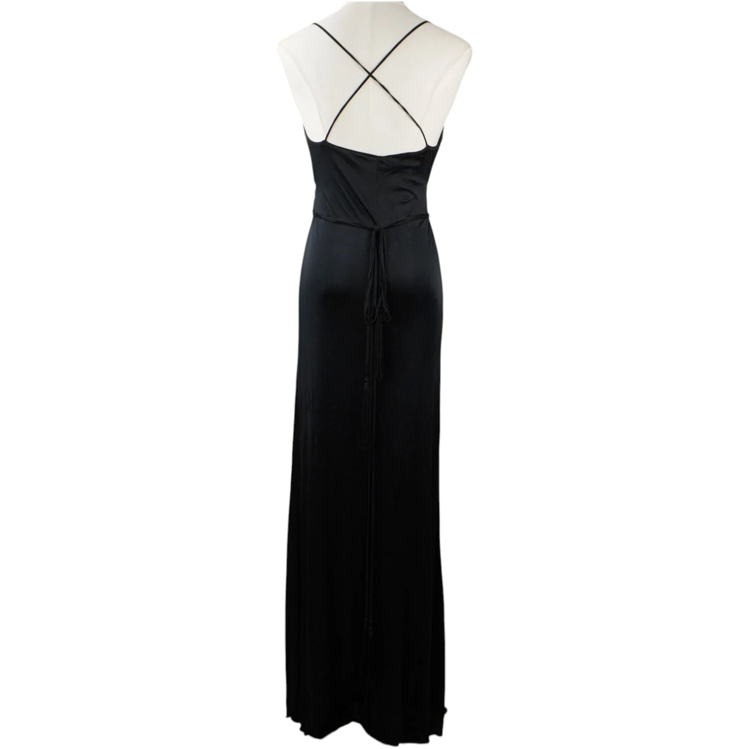 Retro di abito lungo elegante nero Class Roberto Cavalli con schiena scoperta e spalline sottili incrociate.