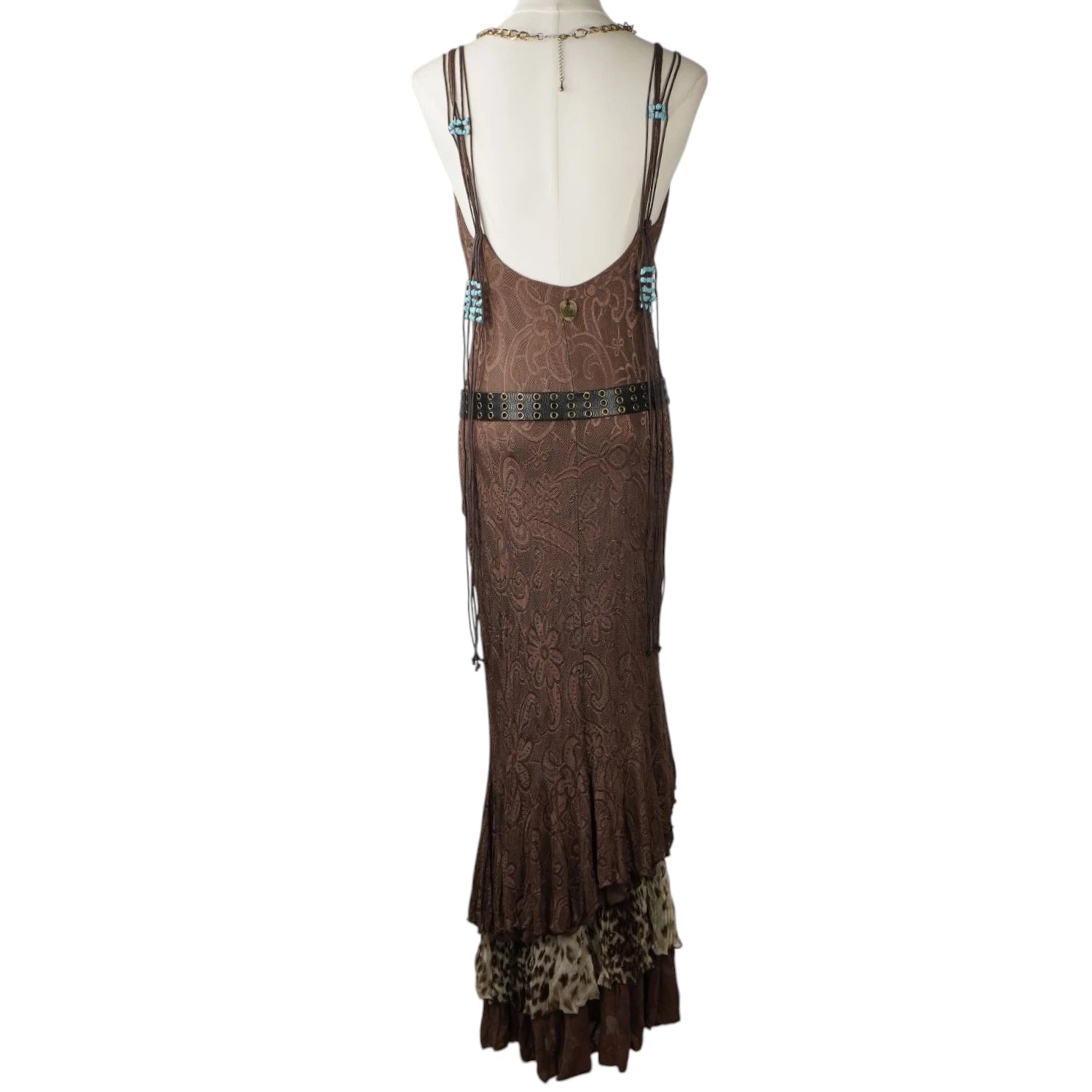 Abito lungo marrone Class Roberto Cavalli stile boho con stampa paisley e silhouette scivolata.