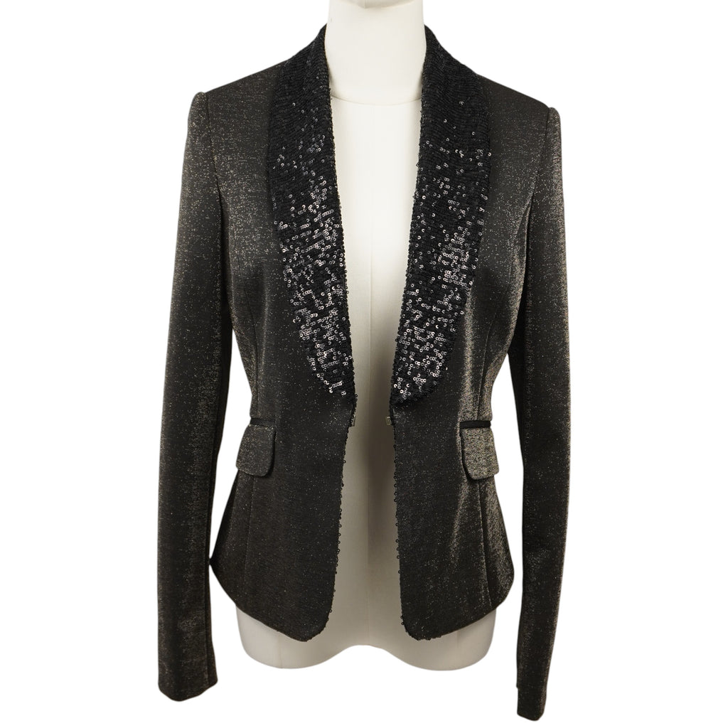 Blazer elegante da sera Fracomina in tessuto nero con micro-lurex dorato e colletto ricamato di paillettes su manichino - Vista frontale