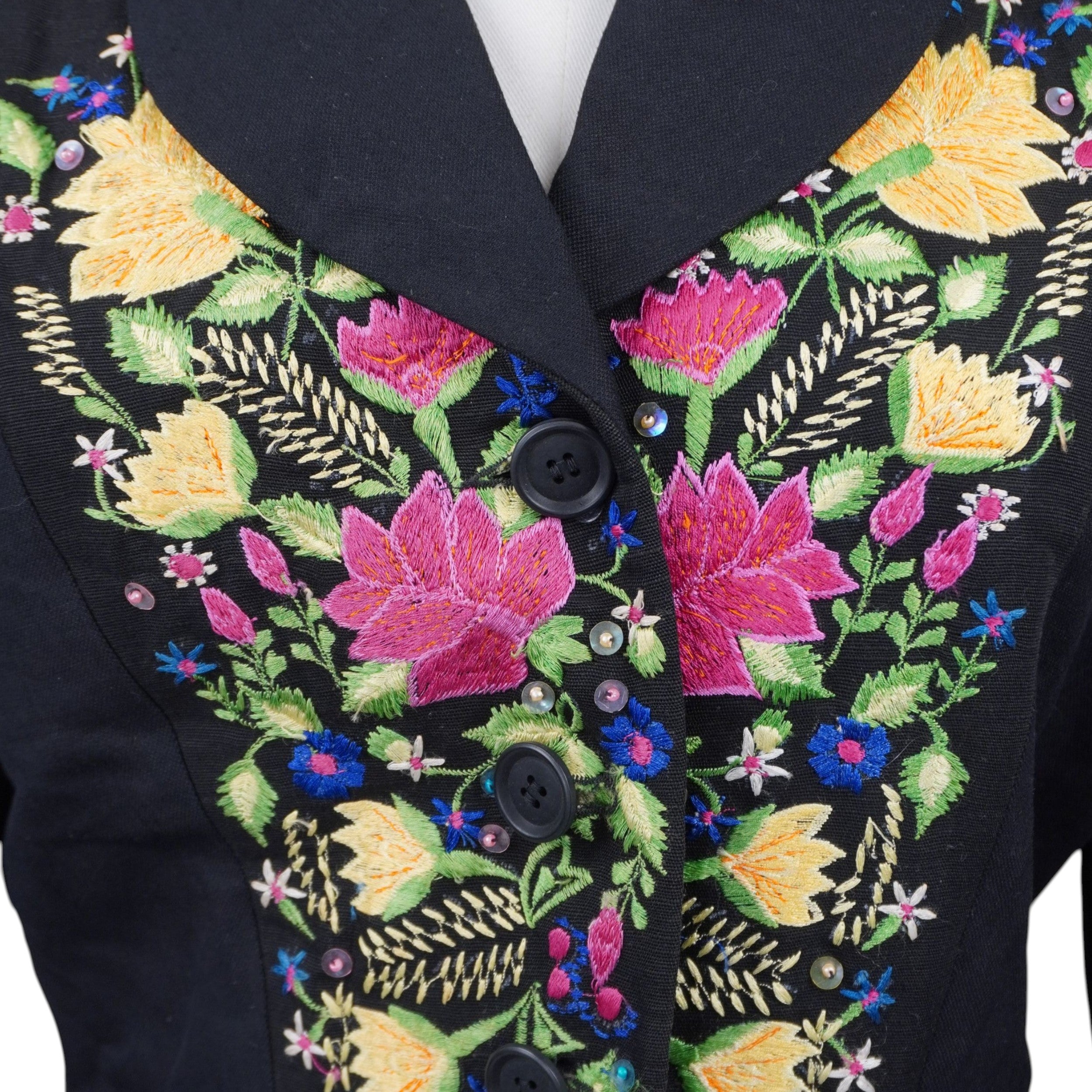 Dettaglio ravvicinato del ricamo botanico tridimensionale a fiori rosa, gialli e blu sul blazer Kenzo Jungle.