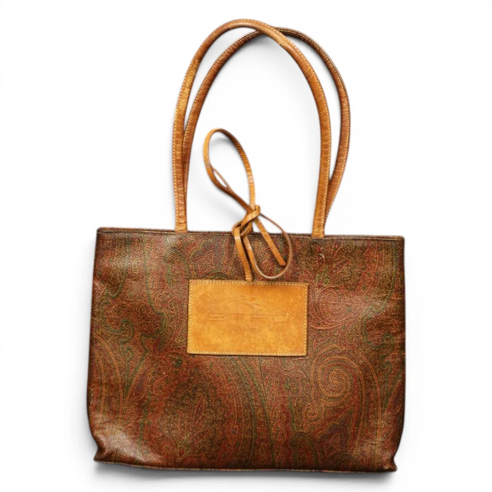 Borsa shopping Etro vintage in tessuto Paisley marrone con manici lunghi in pelle e grande logo frontale.