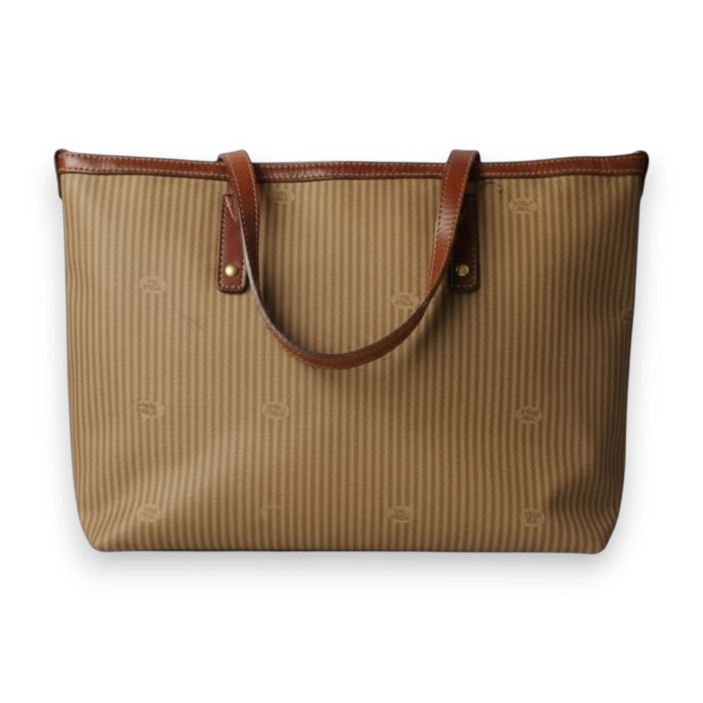 Vista posteriore di borsa shopping da donna The Bridge a righe beige e marroni con attacchi dei manici in pelle