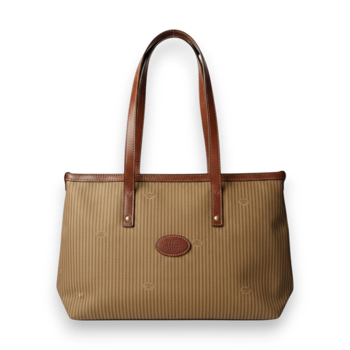 Borsa shopping da donna The Bridge in tessuto jacquard a righe beige e marroni con manici e dettagli in vera pelle cuoio vista frontale