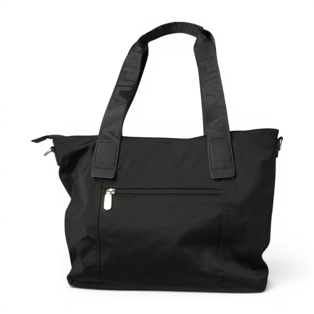 Vista posteriore della borsa a spalla FILA in nylon nero con attacchi dei manici in ecopelle e design minimale pulito.