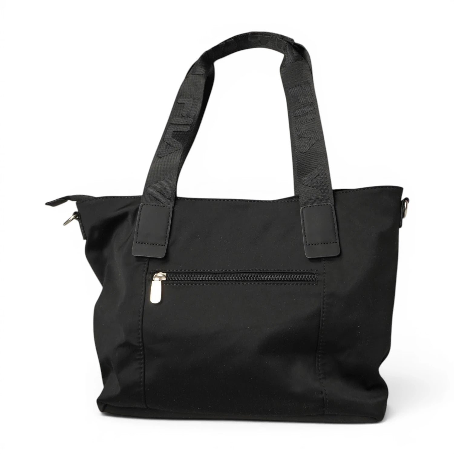 Vista posteriore della borsa a spalla FILA in nylon nero con attacchi dei manici in ecopelle e design minimale pulito.