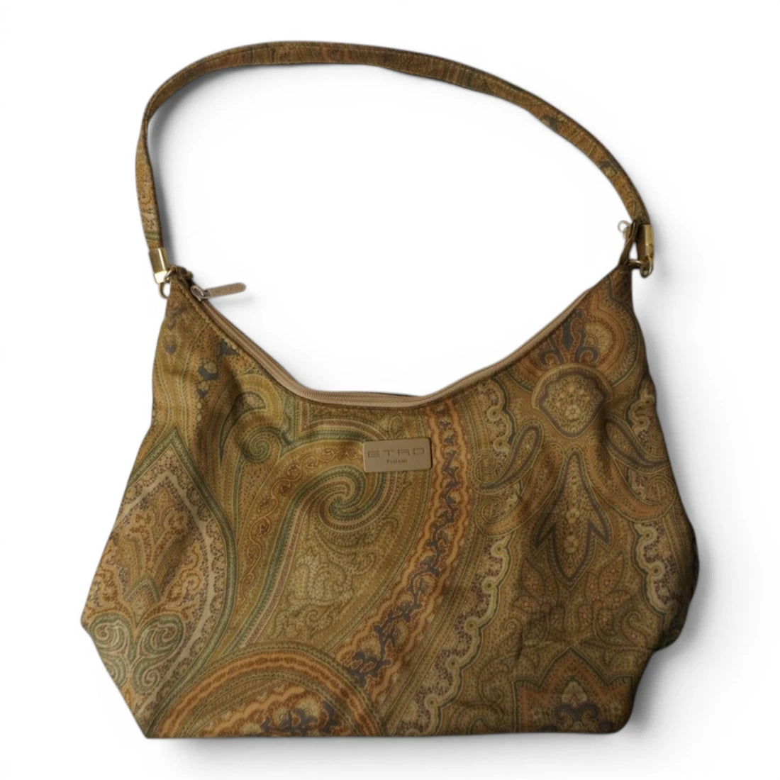 Borsa a spalla modello Hobo Etro Profumi da donna in tessuto jacquard a motivo Paisley marrone e verde con placchetta logata frontale.