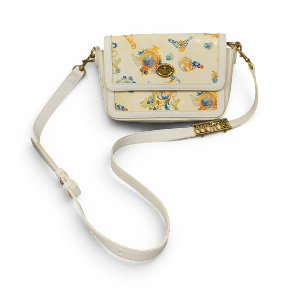Borsa a tracolla Versace Jeans Couture bianca con stampa barocca oro e blu