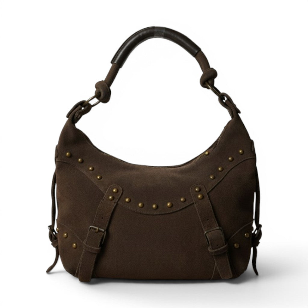 Vista posteriore della borsa hobo vintage Just Cavalli in camoscio marrone con borchie decorative simmetriche e cinturini sul fondo.