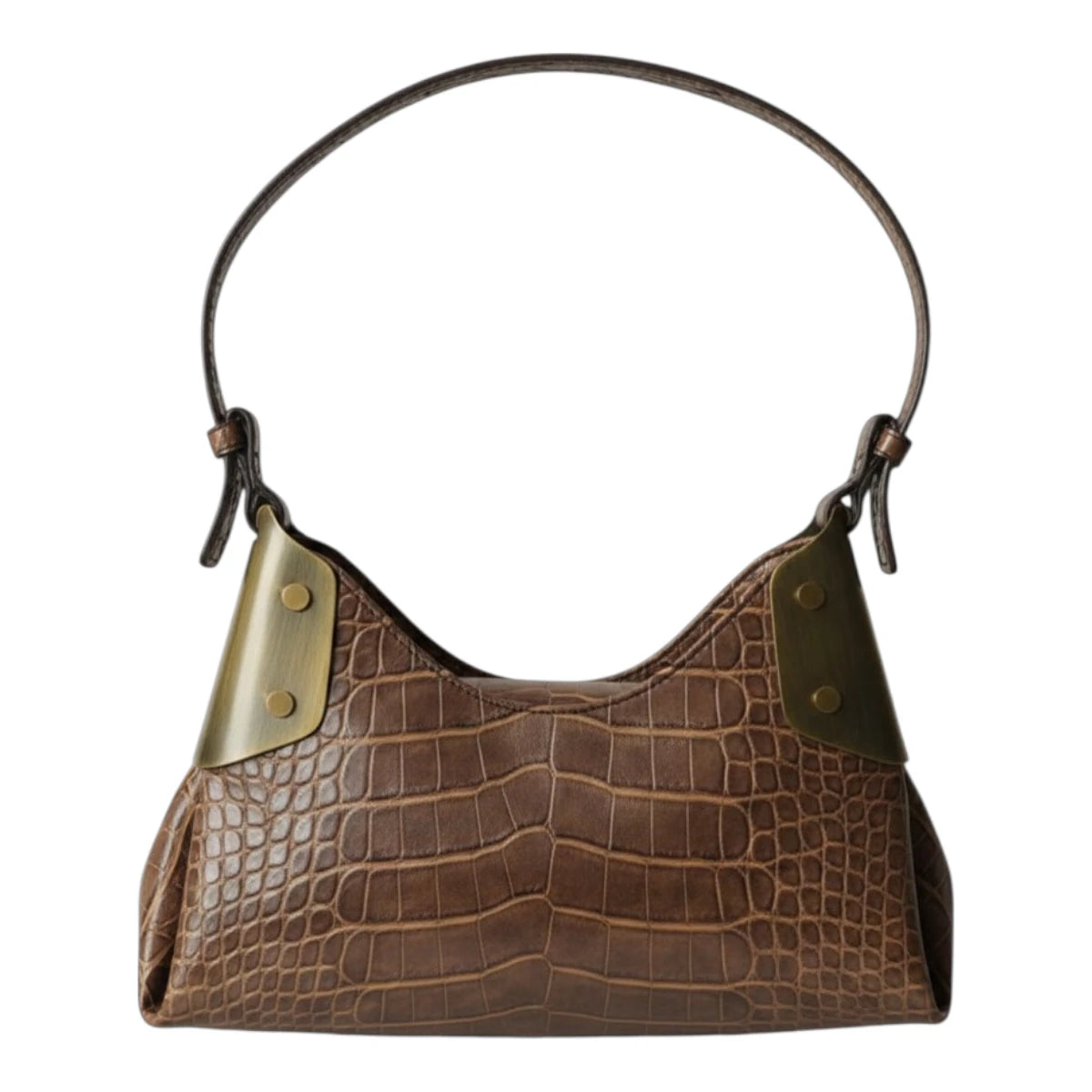 Borsetta a spalla da donna modello hobo GF Ferré in pelle marrone stampa coccodrillo con placche laterali