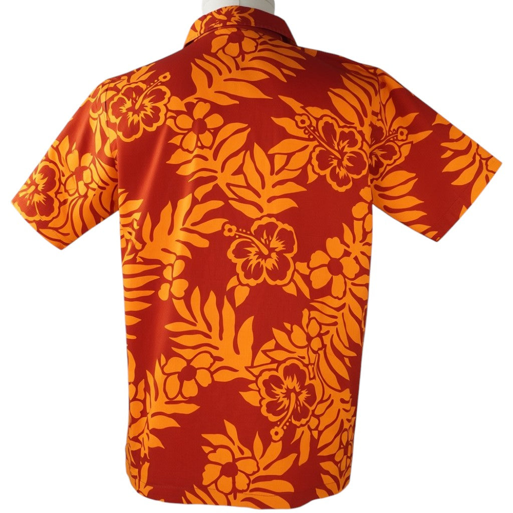 Camicia uomo arancione Green Leaves Sportswear con stampa floreale bianca, vista retro intera.