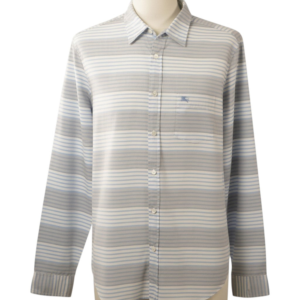 Camicia da uomo Burberry Brit a righe orizzontali azzurre grigie e bianche vista frontale