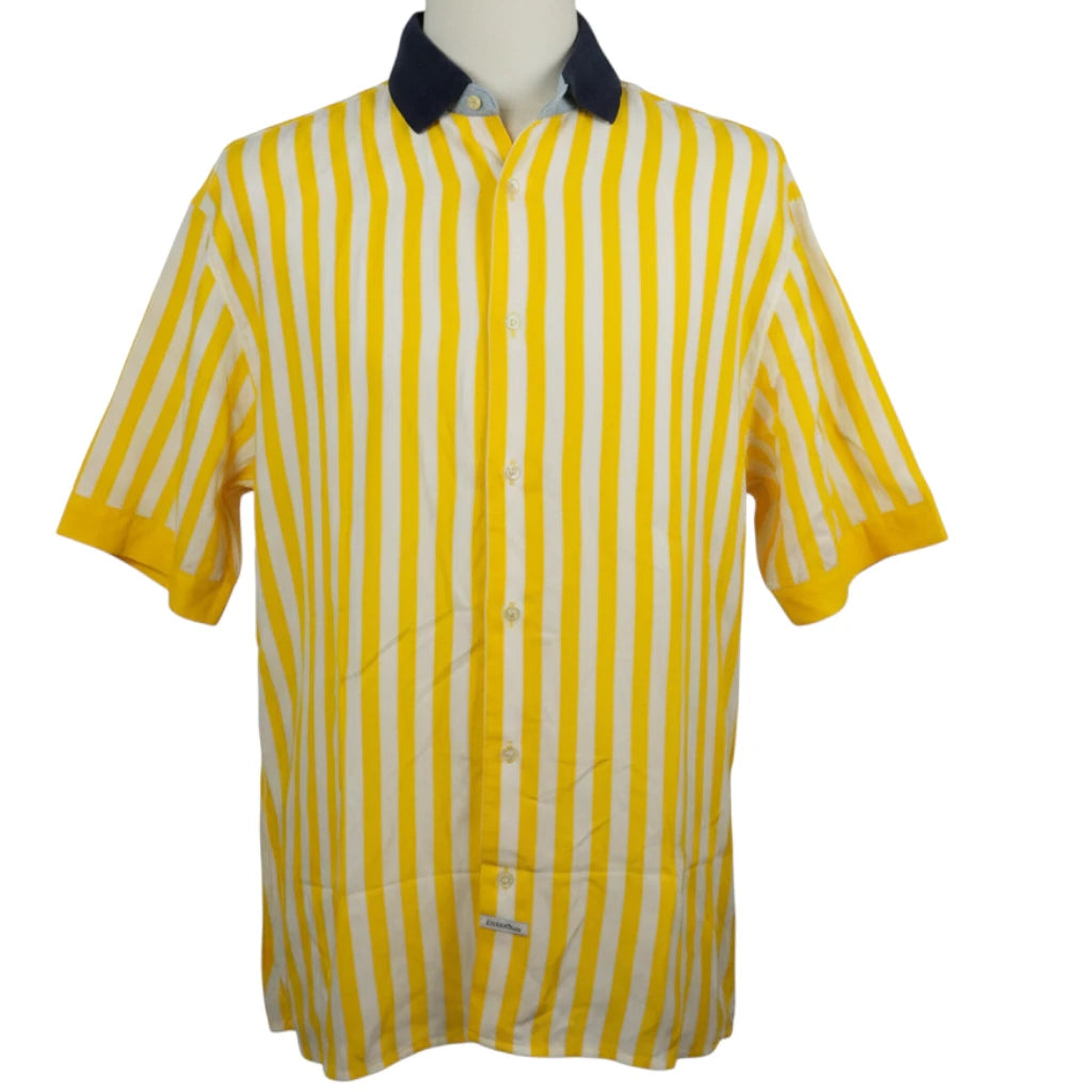 Camicia uomo vintage Jean-Charles de Castelbajac a righe gialle e bianche vista frontale su manichino