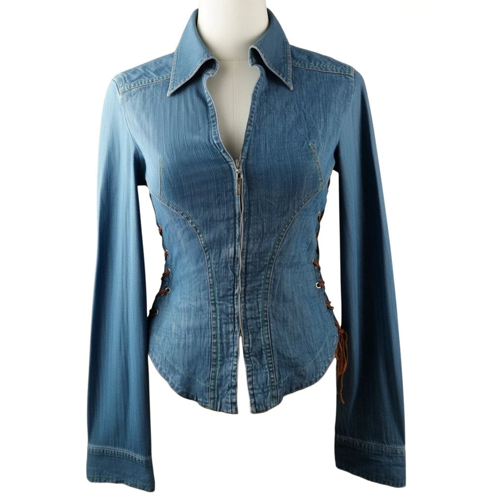 Camicia in denim Just Cavalli vintage stile corsetto con zip frontale e stringhe laterali vista intera
