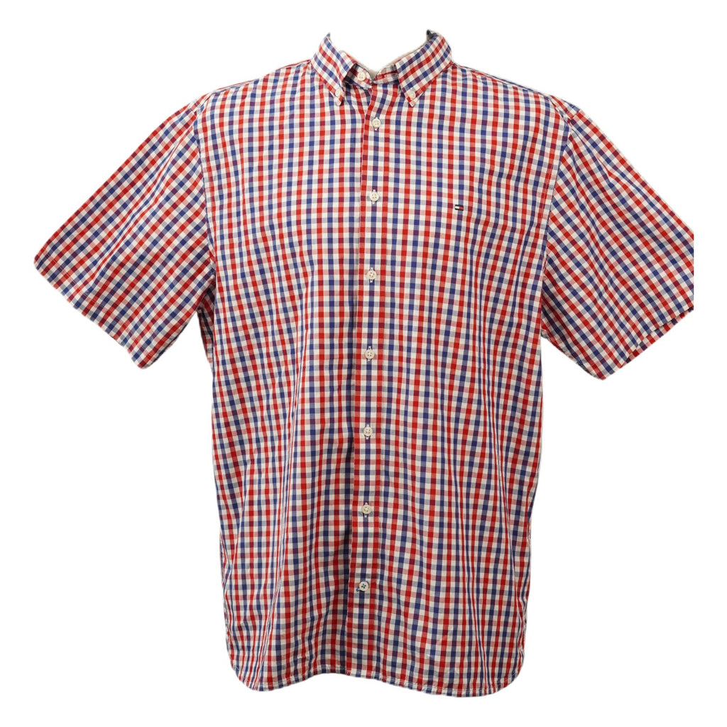 Camicia a maniche corte Tommy Hilfiger a quadretti bianchi, rossi e blu vista frontale completa su manichino.