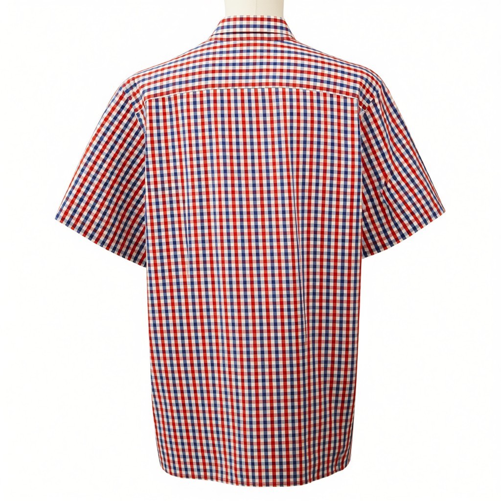 Vista posteriore della camicia a maniche corte a quadri Tommy Hilfiger che mostra il taglio dritto e il carré sulle spalle