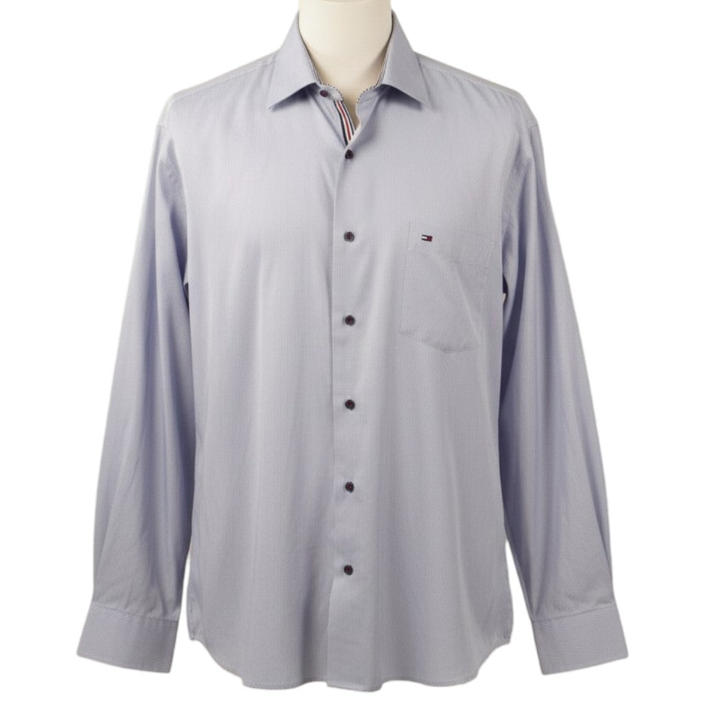 Camicia Tommy Hilfiger da uomo Regular Fit a micro-righe verticali celeste e bianco vista frontale