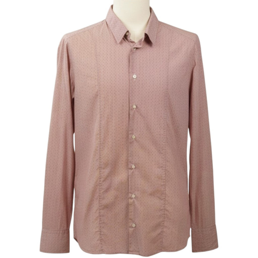 Camicia da uomo Hugo Boss a maniche lunghe con colletto classico, vestibilità slim fit e micro-fantasia a righe verticali rosse e bianche.