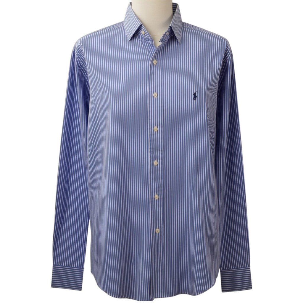 Camicia da uomo Polo Ralph Lauren a maniche lunghe con motivo a righe verticali azzurre e bianche e pony ricamato sul petto.