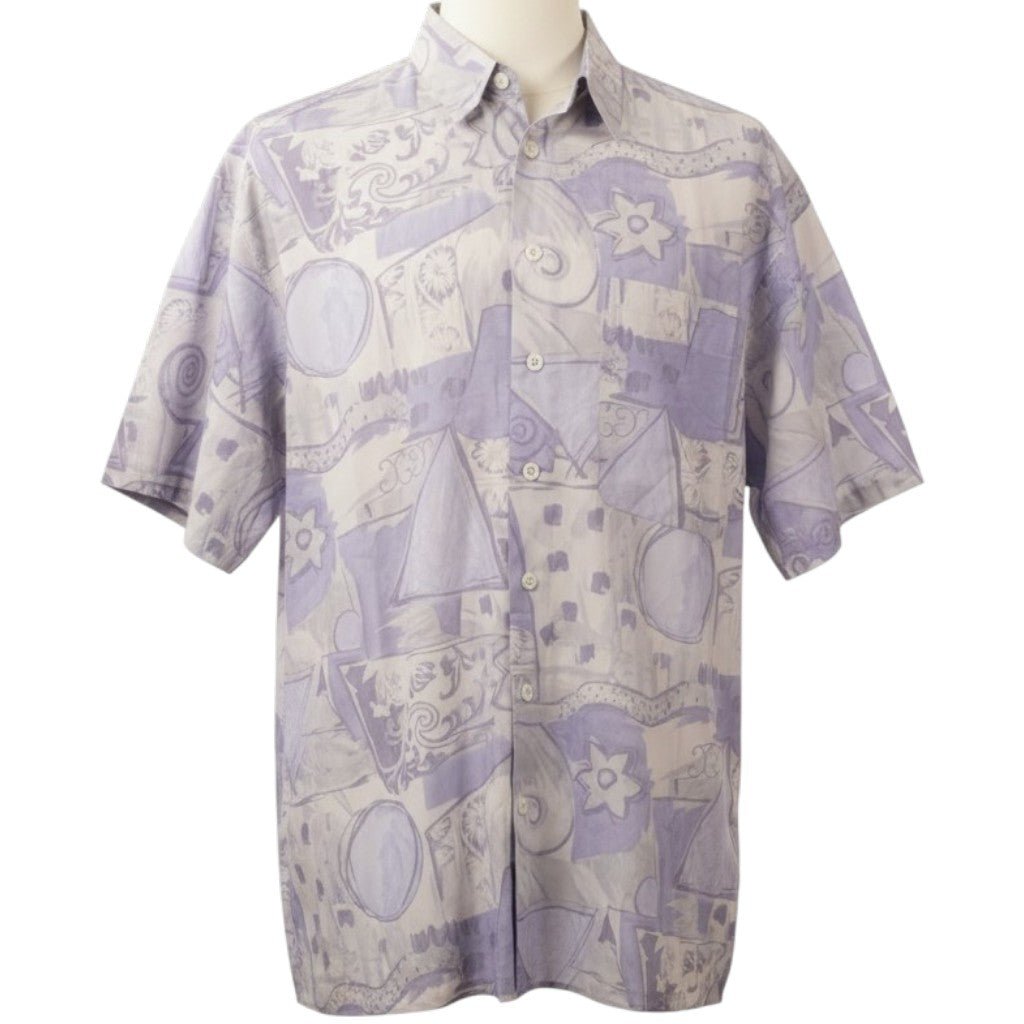 Camicia vintage Angelo Litrico da uomo a maniche corte lilla e grigia con stampa geometrica astratta