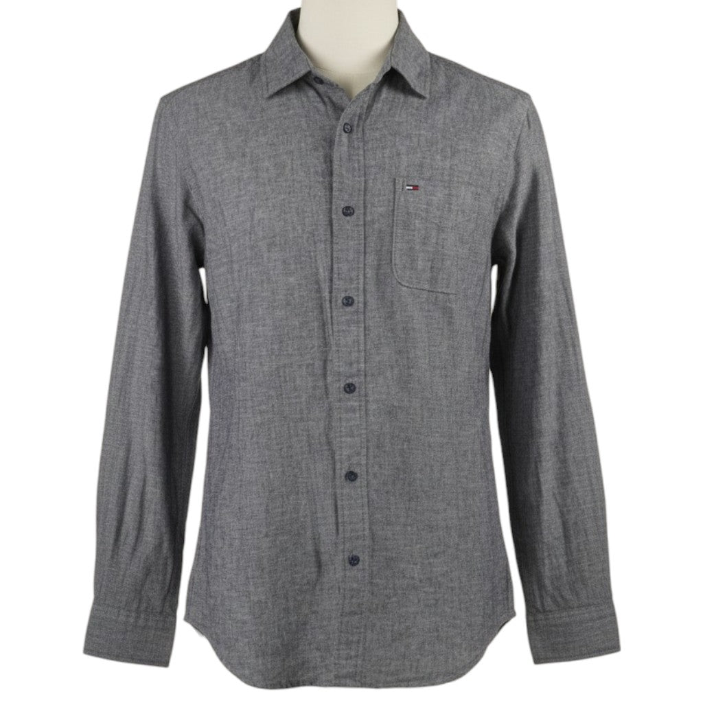 Camicia vintage Hilfiger Denim (Tommy Hilfiger) grigio antracite melange, misto lino e cotone, taglia M uomo, vista frontale.