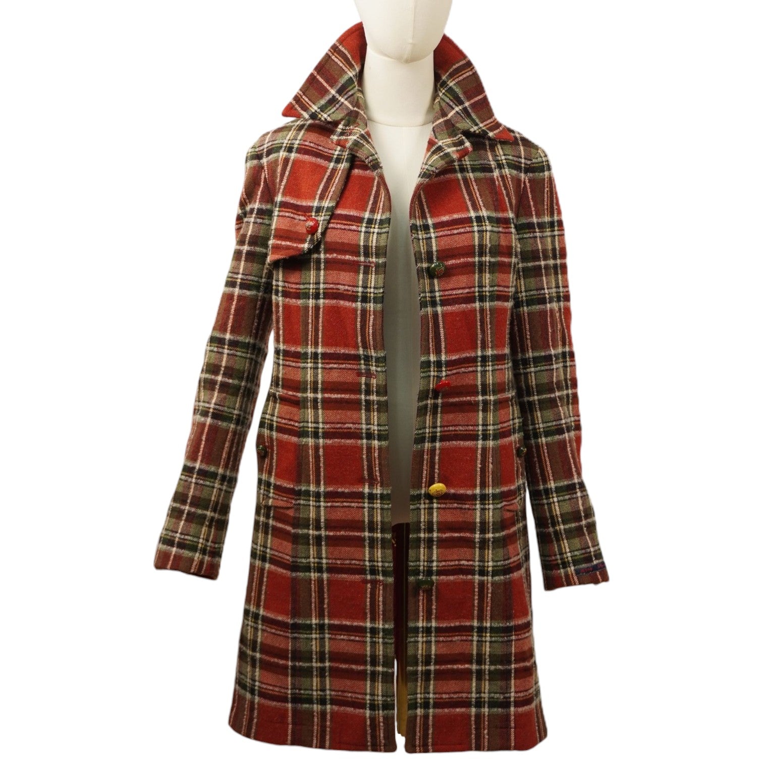 Cappotto monopetto vintage da donna firmata Les Copains a fantasia tartan scozzese rossa e verde con bottoni colorati a contrasto.