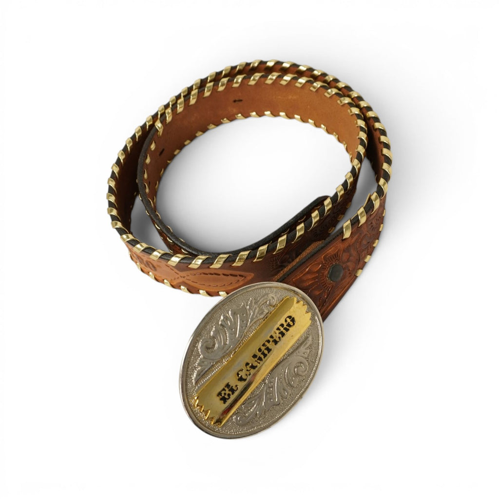 Cintura western originale El Campero in cuoio marrone stampato a caldo con maxi fibbia ovale bicolore e bordi intrecciati laminati oro.