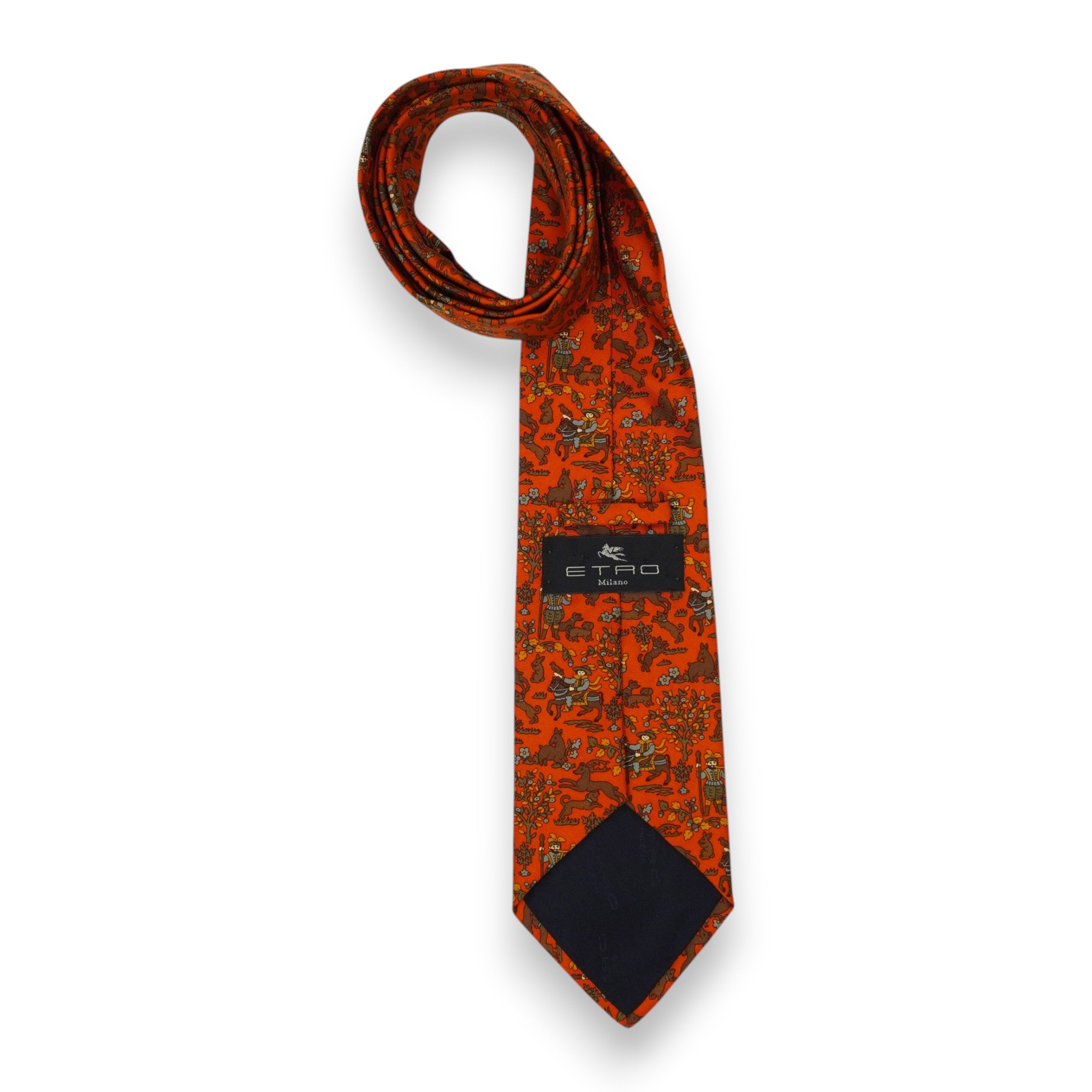 Vista posteriore completa della cravatta vintage Etro in seta arancione con passante istituzionale nero e fodera scura.