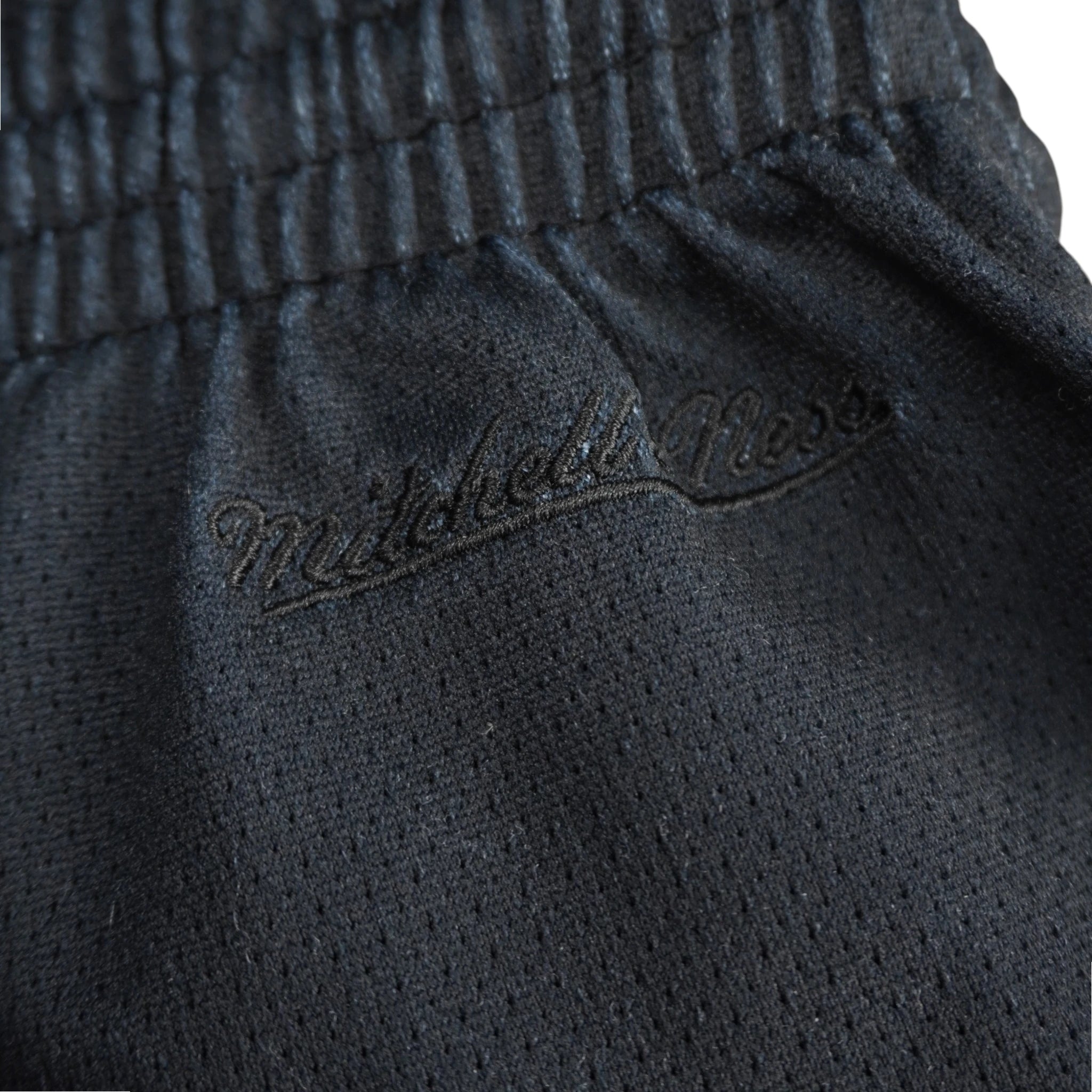 Primo piano del logo Mitchell e Ness ricamato in corsivo nero su nero sul retro degli shorts