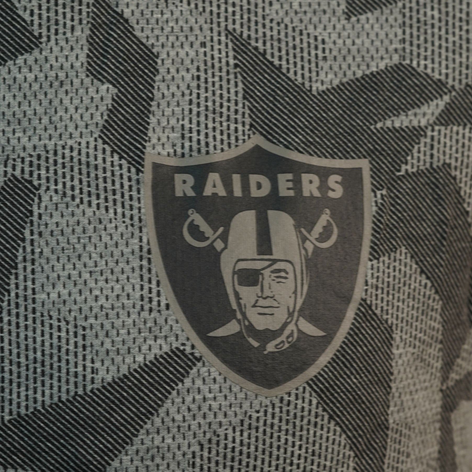  Primo piano dettagliato dello scudo grigio e nero con il logo ufficiale dei Las Vegas Raiders stampato sul petto della t-shirt.
