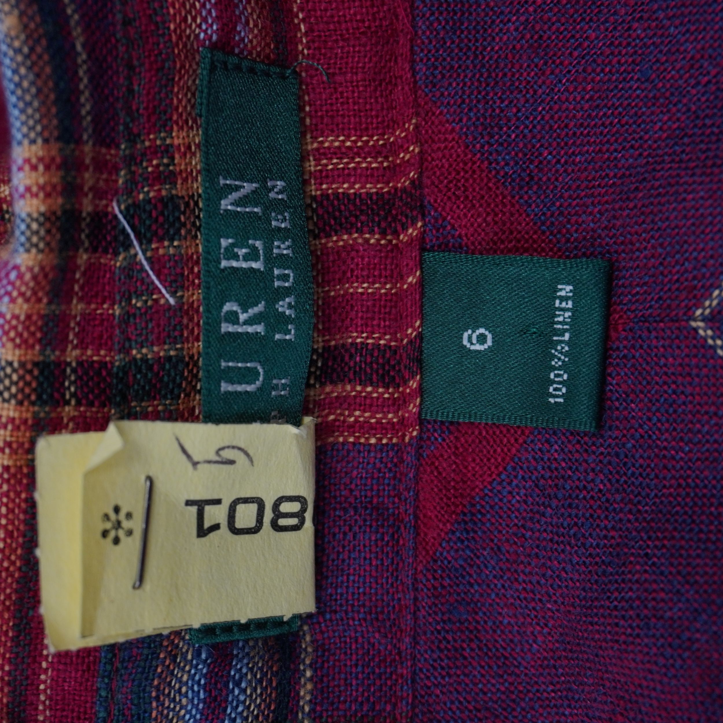 Etichetta verde interna originale Lauren Ralph Lauren con indicazione della taglia 6 americana e composizione 100% lino.