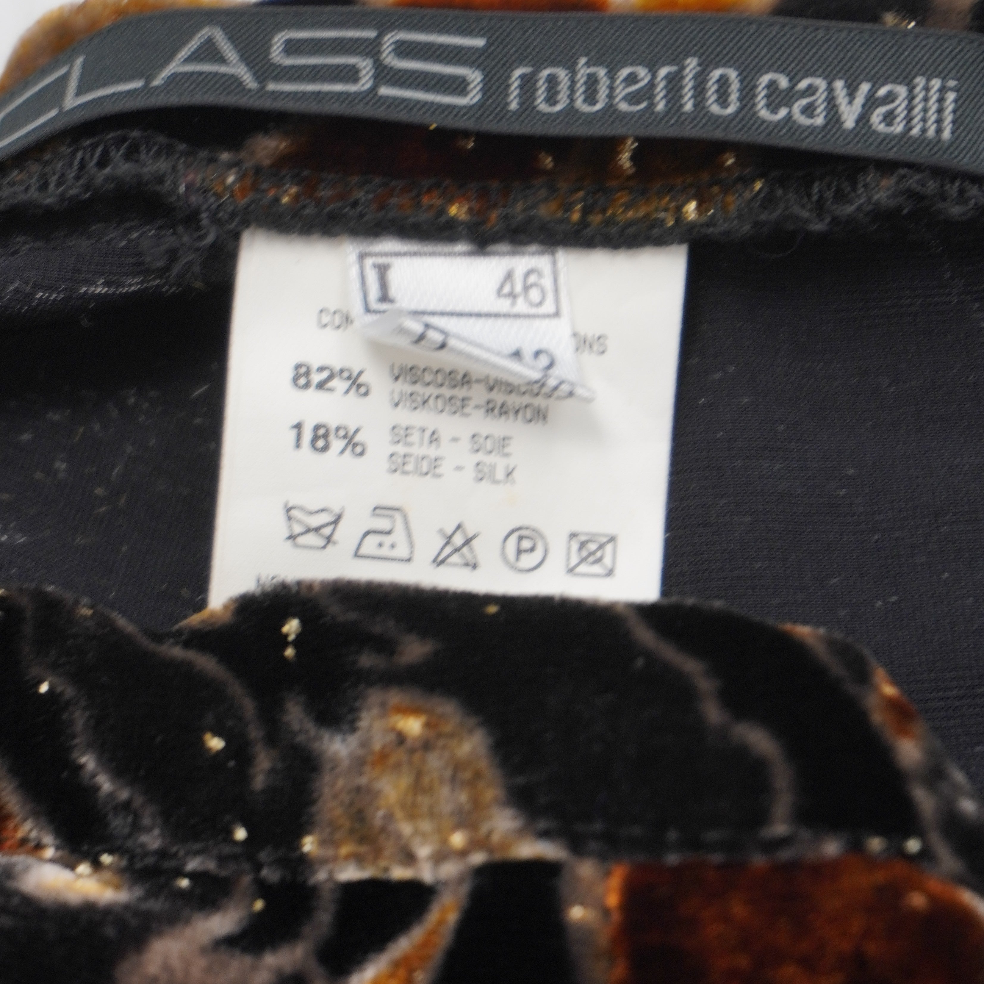 Etichetta originale Class Roberto Cavalli taglia 46 italiana con composizione 18% seta e 82% viscosa